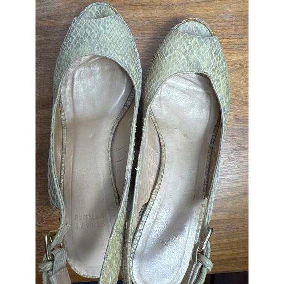 Stuart Weitzman 9.5 Nude Snakeskin Leather Peep Toe Cork Wedge Slingback Sandals - Picture 11 of 12